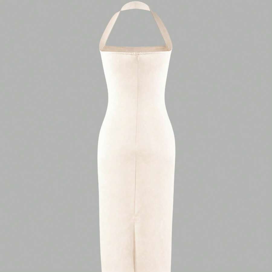 Cream solid fitted midi dress detail