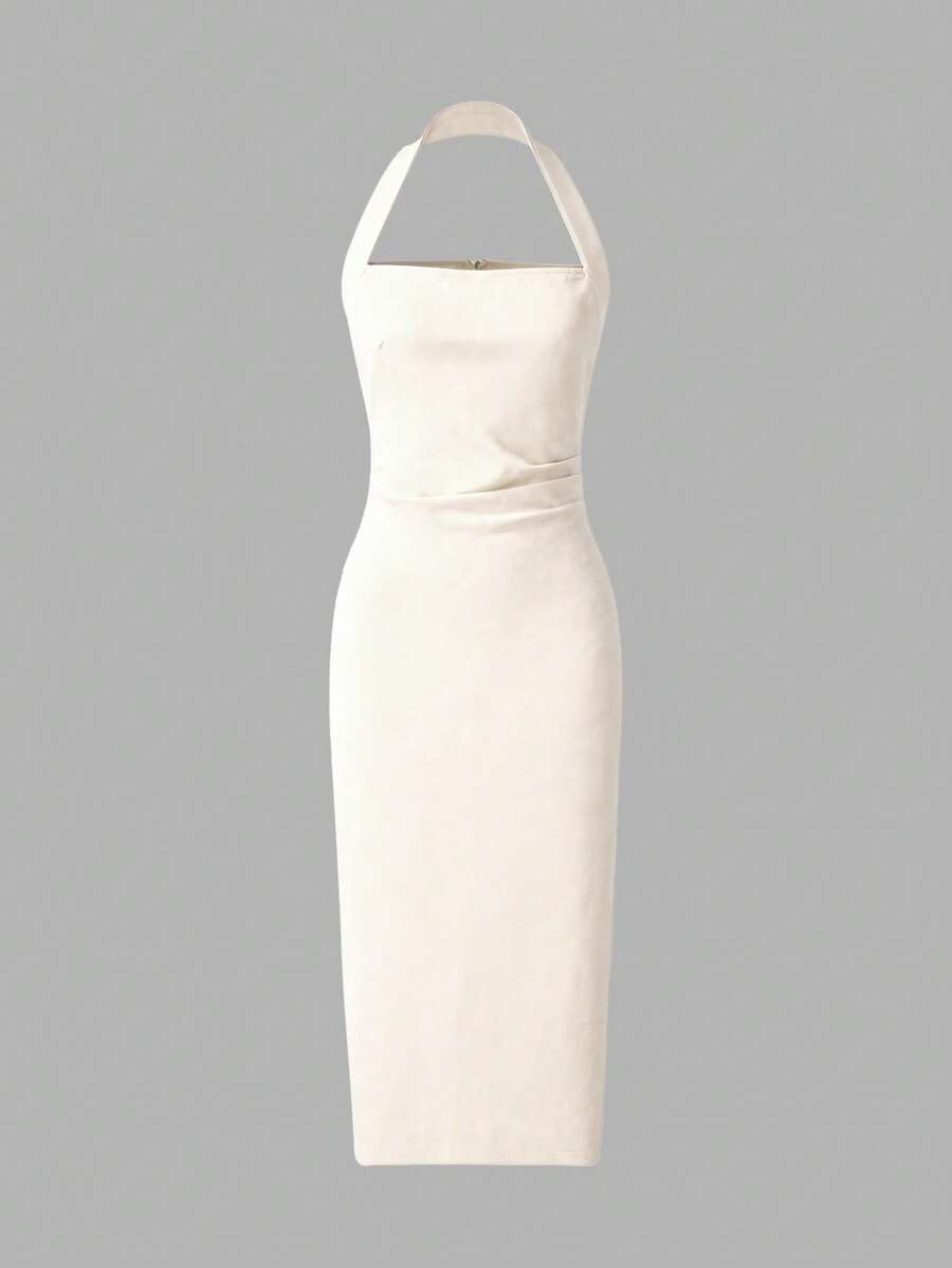 Back view cream halter midi dress