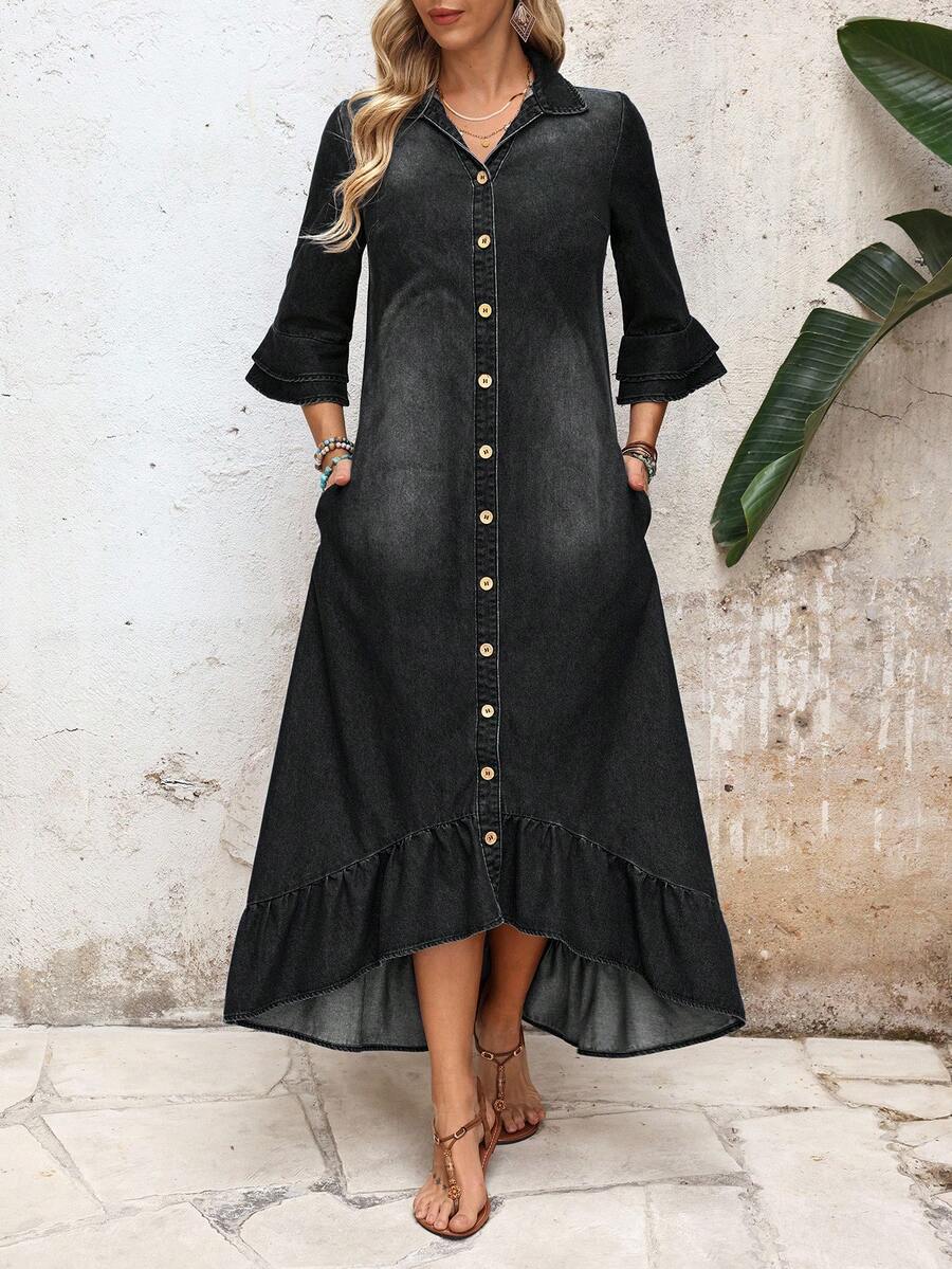 Front view of washed black denim button dress with pockets and bell sleeves
