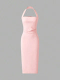 Back view blush pink halter midi dress