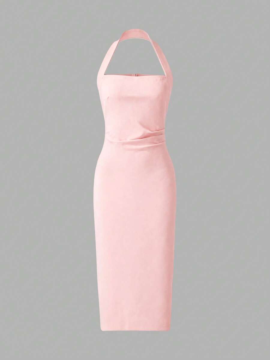 Back view blush pink halter midi dress