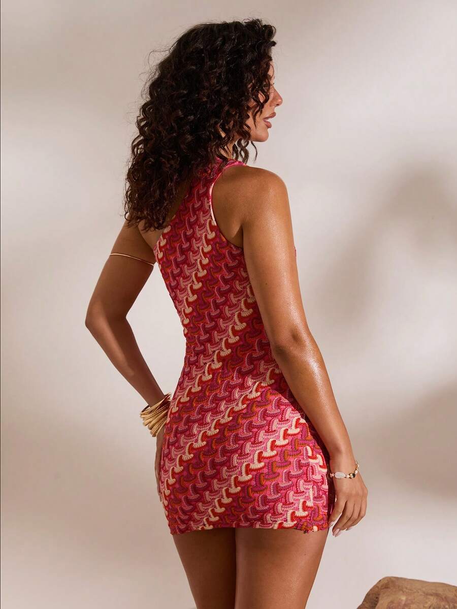 4 media show pink red orange cream one-shoulder bodycon mini dress with geometric chain-like print, asymmetric neckline, single wide strap, one sleeveless side, fitted short pencil silhouette. image 4