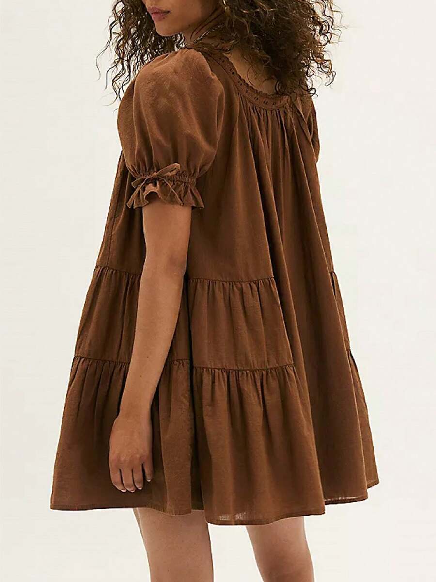 Embrace effortless Y2K charm with this adorable puff sleeve babydoll mini dress. Featuring delicate ruffle lace trim and a flattering high-waist silhouette, this piece transitions seamlessly from day to night. The round neckline and flared hem create a playful, feminine look perfect for dating, street style, or casual outings. Crafted from breathable 95% cotton and 5% polyester blend with medium stretch for comfort and movement. The unlined design keeps you cool during warm weather.