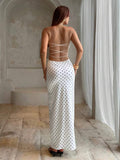 Red rose lace up back maxi dress detail