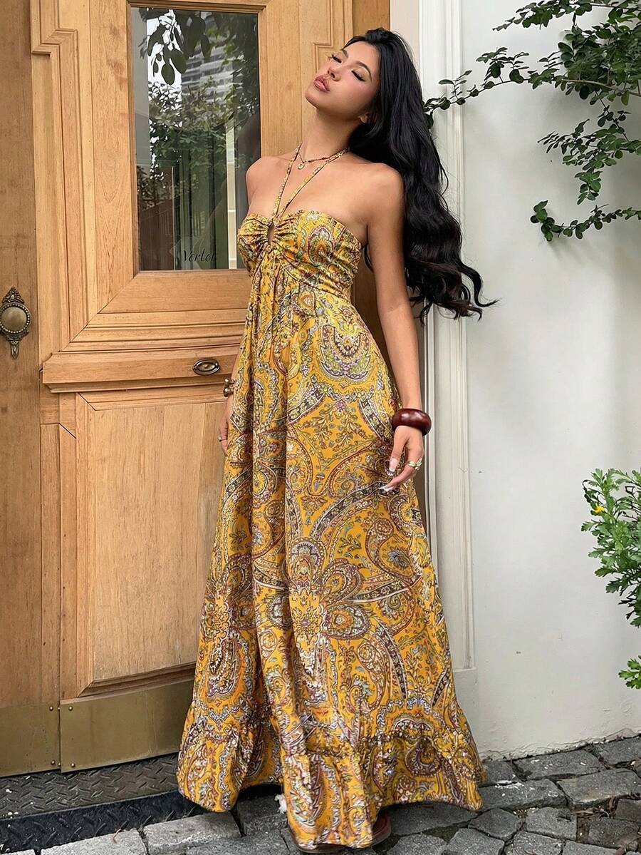 Mustard yellow boho halter maxi dress full length with ruffle hem