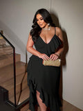 Image 2 - side profile of Plus Size Red Spaghetti Strap Party Dress with High Slit and Ruffle Hem