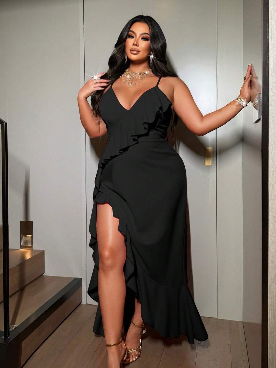 Image 3 - back view of Plus Size Red Spaghetti Strap Party Dress with High Slit and Ruffle Hem