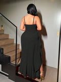 Image 1 - front view of Plus Size Red Spaghetti Strap Party Dress with High Slit and Ruffle Hem