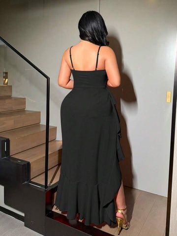 Image 1 - front view of Plus Size Red Spaghetti Strap Party Dress with High Slit and Ruffle Hem