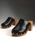 Image 5 - material detail of Women's Minimalist Thick Platform Slip-On Pumps with Stylish Rivet Details