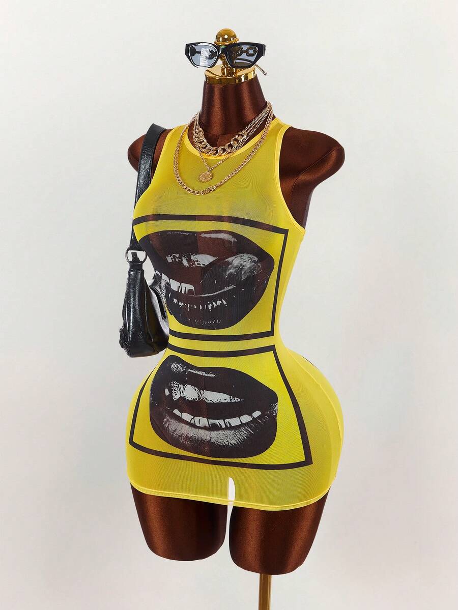 Dark eye graphic mesh bodycon mini dress worn at night