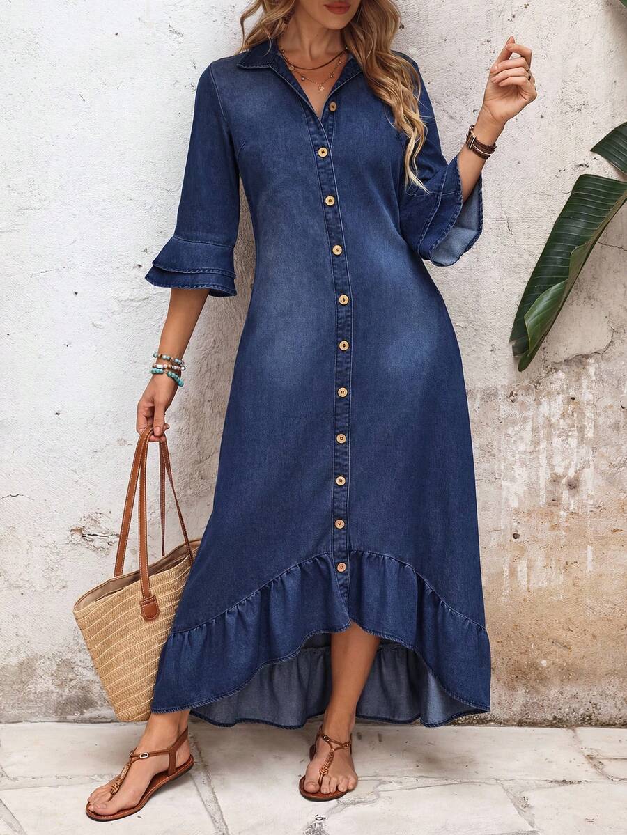 Full front view of dark wash denim shirt dress with high low ruffle hem