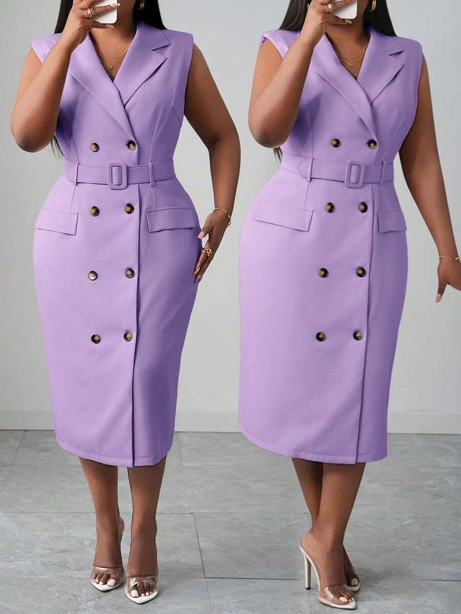 Front view of elegant plus size midi dress for spring/summer - khaki double-breasted belted style for work and dates with plus size fit, summer styling for summer casual wear