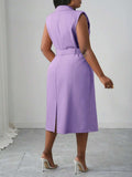 Back view of elegant plus size midi dress for spring/summer - khaki double-breasted belted style for work and dates with plus size fit, summer styling for summer casual wear