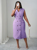 Close-up view of elegant plus size midi dress for spring/summer - khaki double-breasted belted style for work and dates with plus size fit, summer styling for summer casual wear