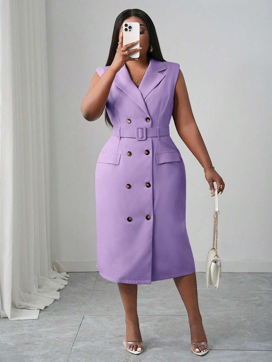Close-up view of elegant plus size midi dress for spring/summer - khaki double-breasted belted style for work and dates with plus size fit, summer styling for summer casual wear