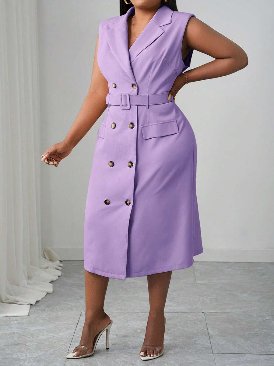 Front view of elegant plus size midi dress for spring/summer - khaki double-breasted belted style for work and dates with plus size fit, summer styling for summer casual wear