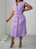 Front view of elegant plus size midi dress for spring/summer - khaki double-breasted belted style for work and dates with plus size fit, summer styling for summer casual wear