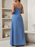 Back view light blue linen-look maxi dress with V back and thin straps