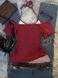 Back flat lay of burgundy off-shoulder top with striped halter ties and layered hem