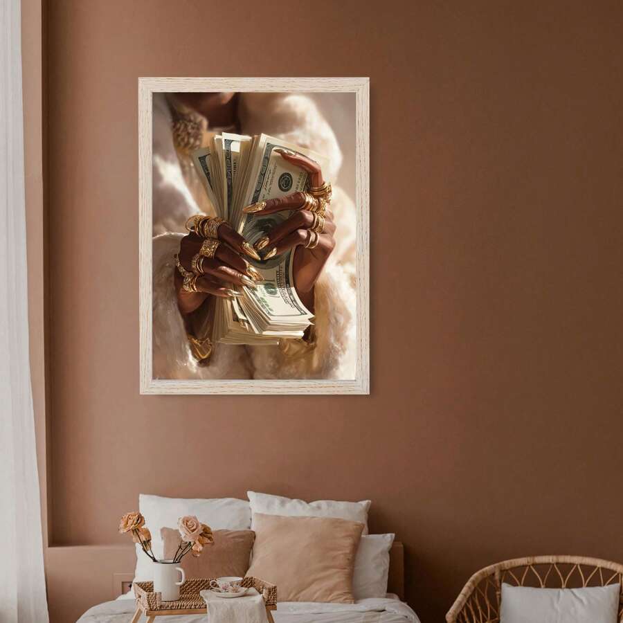Grayscale woman obscured by hands and scattered cash in gold frame