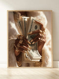 Black and gold woman portrait with face partly hidden by dollar bills