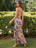 Multicolor floral strapless midi dress with fitted bodice