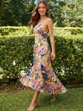 Tropical print strapless fit and flare midi dress side view