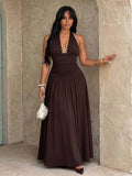 plus size halter maxi dress with deep V neckline, back neck tie bow, open shoulders, ruched waist panel, gold starfish charm, gathered A-line maxi skirt and solid or printed vacation colorways image 10