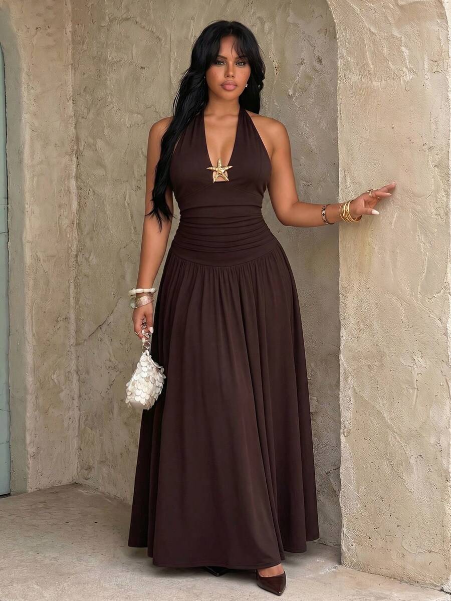 plus size halter maxi dress with deep V neckline, back neck tie bow, open shoulders, ruched waist panel, gold starfish charm, gathered A-line maxi skirt and solid or printed vacation colorways image 10