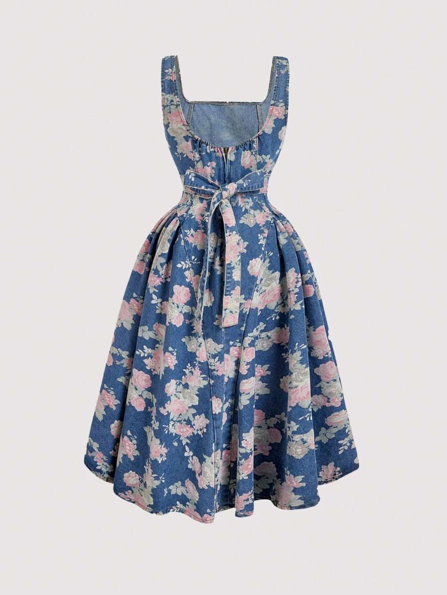 Front view of blue floral plus size denim midi dress with square neckline