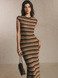 Earth tone chevron sleeveless knit dress close front