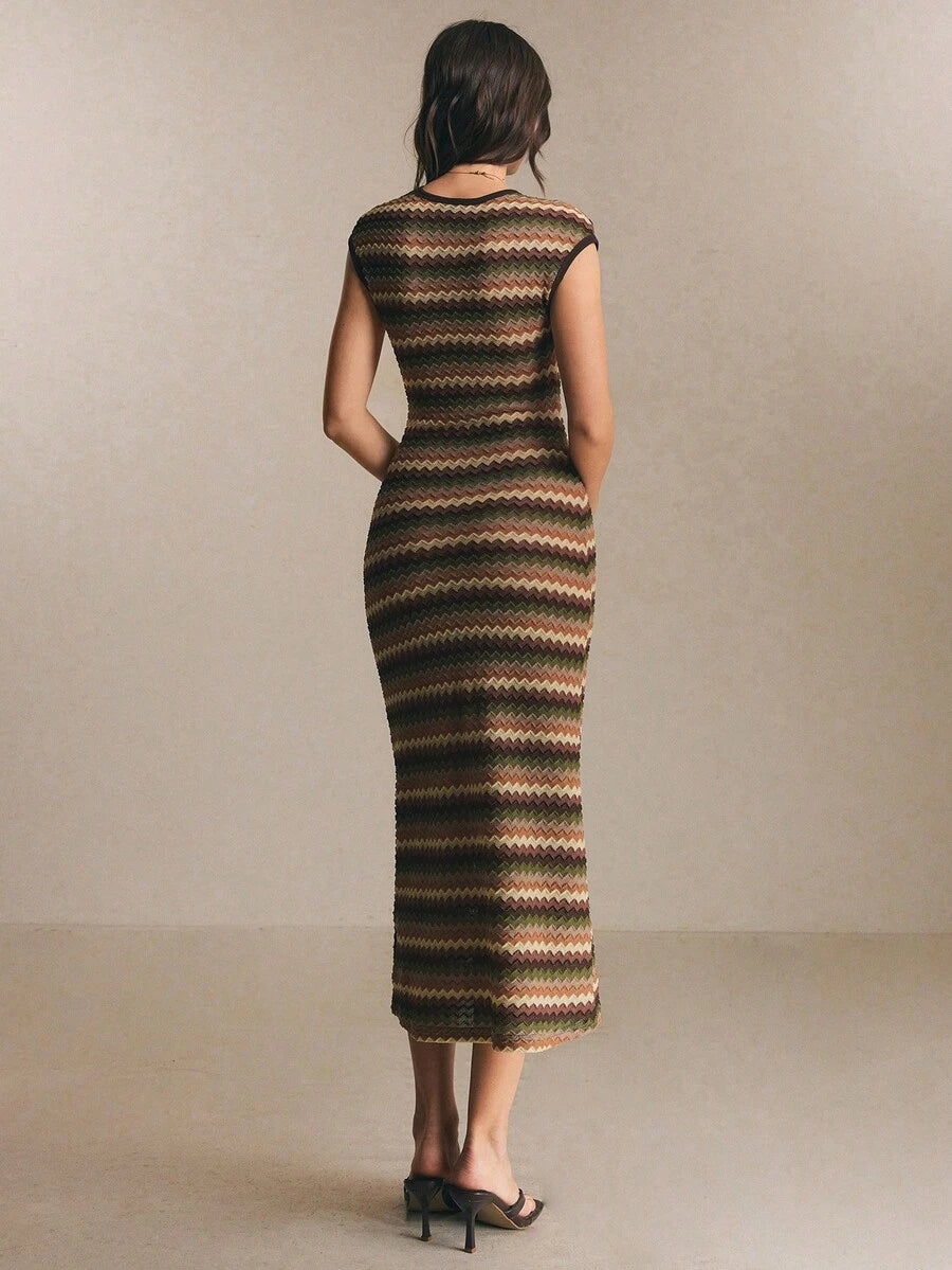 Earth tone chevron sleeveless knit dress back view