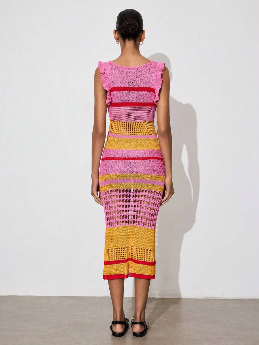 Women's Colorblock Ruffle V-Neck Sweater Dress - Perfect for Summer Beach Vacations 
