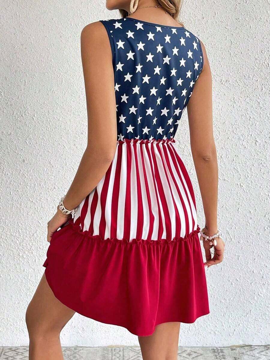 Front view of patriotic sleeveless mini dress with navy star bodice and red white striped skirt
