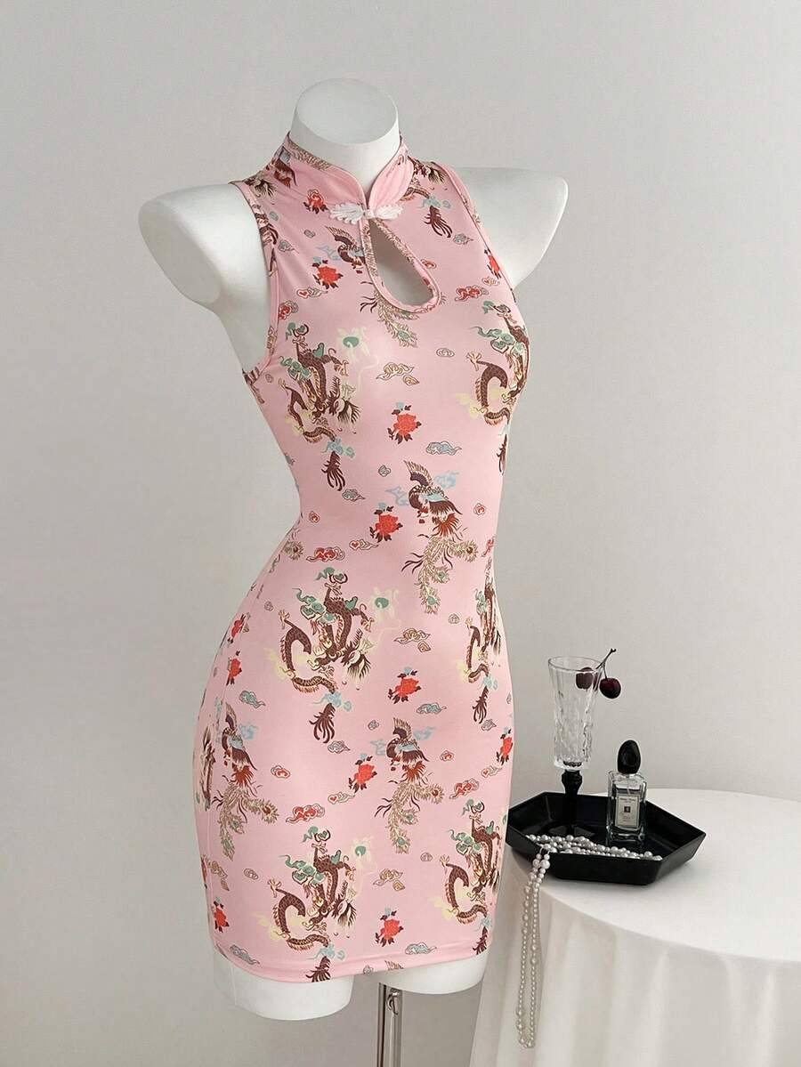 Embrace timeless elegance with this Women's Vintage Dragon Print Sleeveless Dress. Featuring a striking mandarin collar and flattering bodycon silhouette, this mini dress is crafted from soft knitted fabric with a subtle stretch for comfort and movement. The sleek pencil hem and slim fit create a sophisticated look perfect for any occasion—from casual dates and travel to parties and special celebrations. 