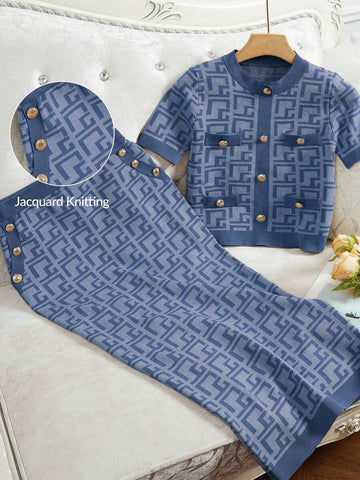 Elevate your summer wardrobe with this chic 2-piece set featuring a geometric knit top and coordinating long skirt. The round-neck top showcases a striking graphic pattern with short sleeves and button-front detailing, while the slim-fit skirt offers practical pockets and metal button accents for a polished look. Crafted from 100% polyester with medium stretch for comfort, this versatile set transitions effortlessly from beach days to casual outings. The blue colorway is perfect for warm-weather styling. 