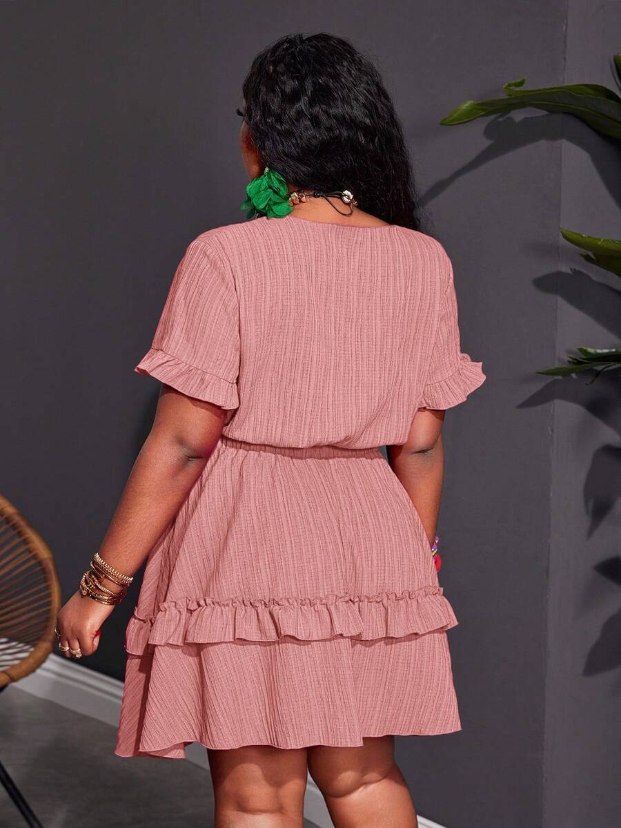 Side view of plus size fuchsia ruffle mini dress - casual & romantic two-piece set for vacations with mini dress silhouette, plus size fit for summer casual wear