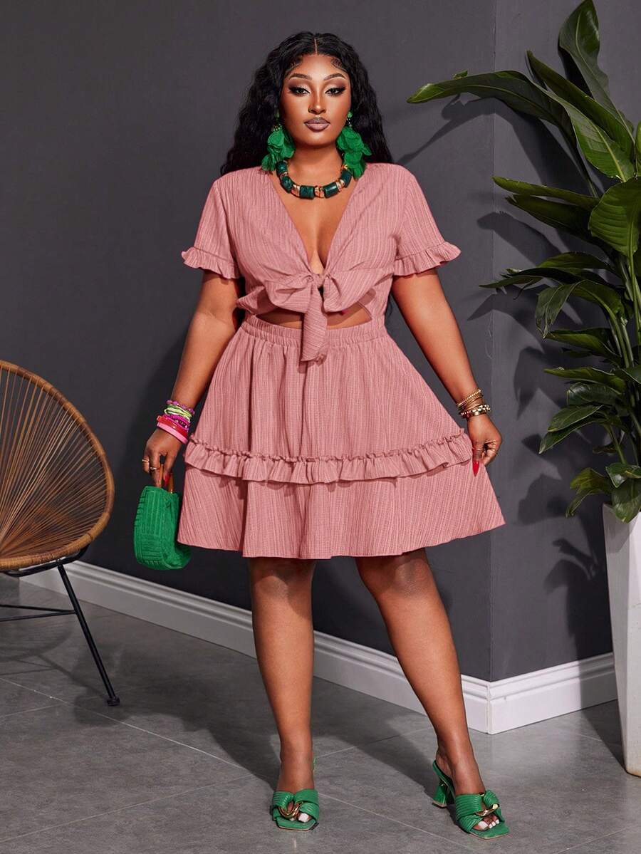 Back view of plus size fuchsia ruffle mini dress - casual & romantic two-piece set for vacations with mini dress silhouette, plus size fit for summer casual wear