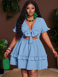 Close-up view of plus size fuchsia ruffle mini dress - casual & romantic two-piece set for vacations with mini dress silhouette, plus size fit for summer casual wear