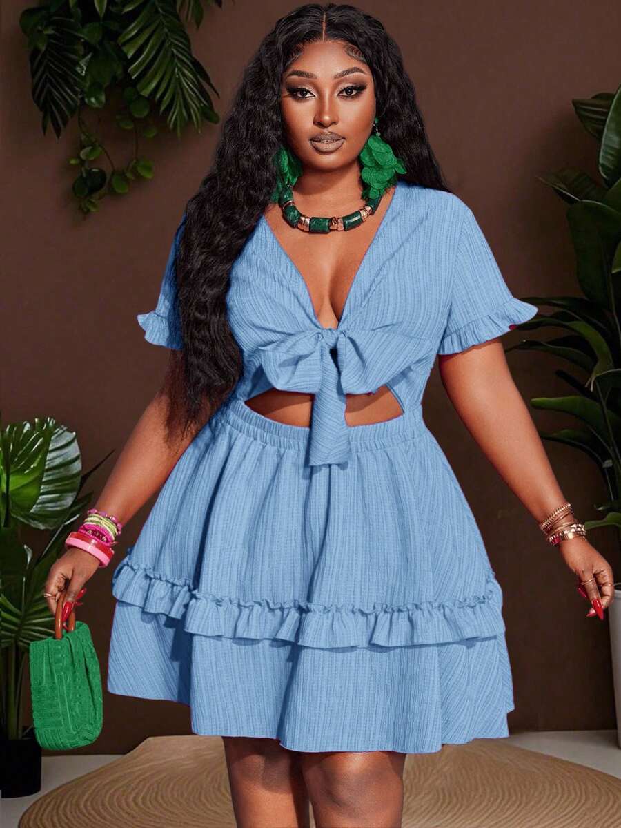Close-up view of plus size fuchsia ruffle mini dress - casual & romantic two-piece set for vacations with mini dress silhouette, plus size fit for summer casual wear