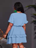 Close-up view of plus size fuchsia ruffle mini dress - casual & romantic two-piece set for vacations with mini dress silhouette, plus size fit for summer casual wear