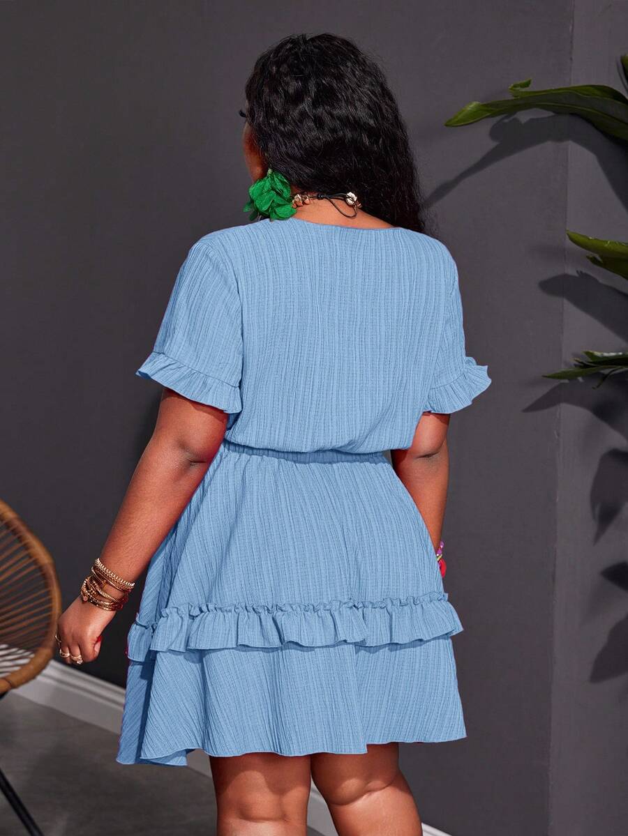 Close-up view of plus size fuchsia ruffle mini dress - casual & romantic two-piece set for vacations with mini dress silhouette, plus size fit for summer casual wear