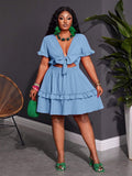 Close-up view of plus size fuchsia ruffle mini dress - casual & romantic two-piece set for vacations with mini dress silhouette, plus size fit for summer casual wear