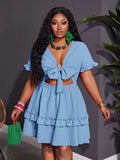 Close-up view of plus size fuchsia ruffle mini dress - casual & romantic two-piece set for vacations with mini dress silhouette, plus size fit for summer casual wear