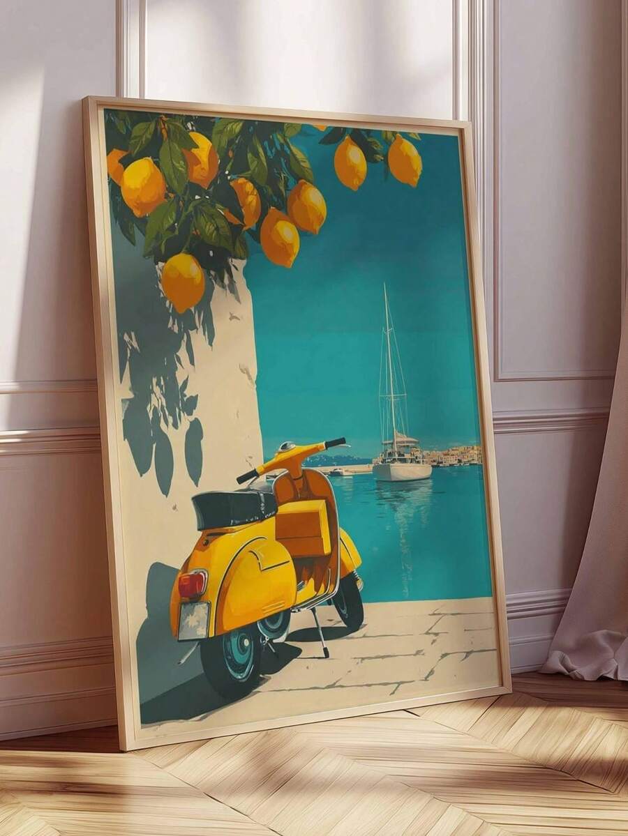 Yellow scooter and lemons at Amalfi yacht harbor canvas print