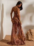 42 media show strappy mesh maxi dress in solids and prints with deep plunge V, front bead connector, ruffle trim, ruched bodice and hips, thigh slit, sheer flared lower skirt, low straight back, adjustable spaghetti straps. image 16