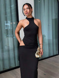 Three quarter front view of black cutout maxi dress with ruched wrap waist