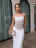 Close front view of white square neck lace bodycon dress with spaghetti straps