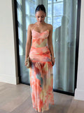 Alternate front view of coral watercolor floral cami and flowing maxi skirt set